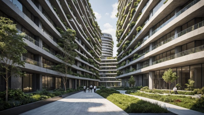 fremtidige bygninger, bærekraftig arkitektur, smart teknologi, innovativ design, fellesrom